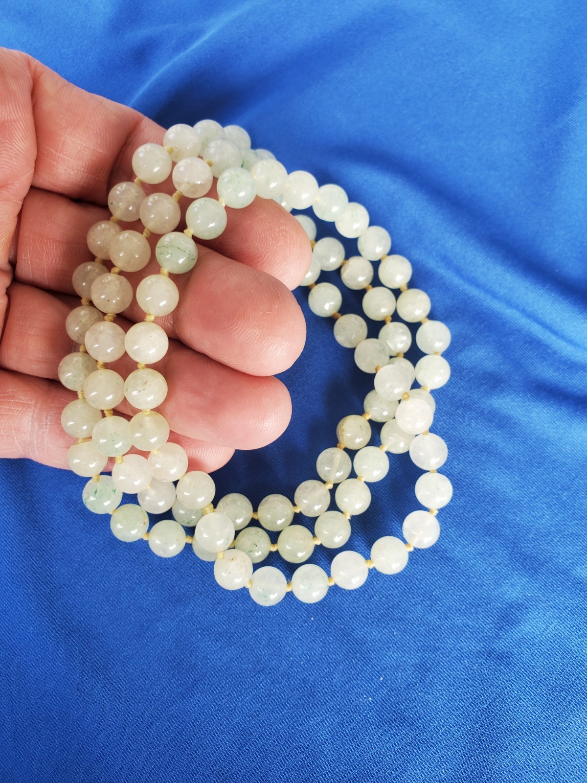 Original Old JADE White Green 8 Millimeters Deco Necklace Vintage 30″ inch Long