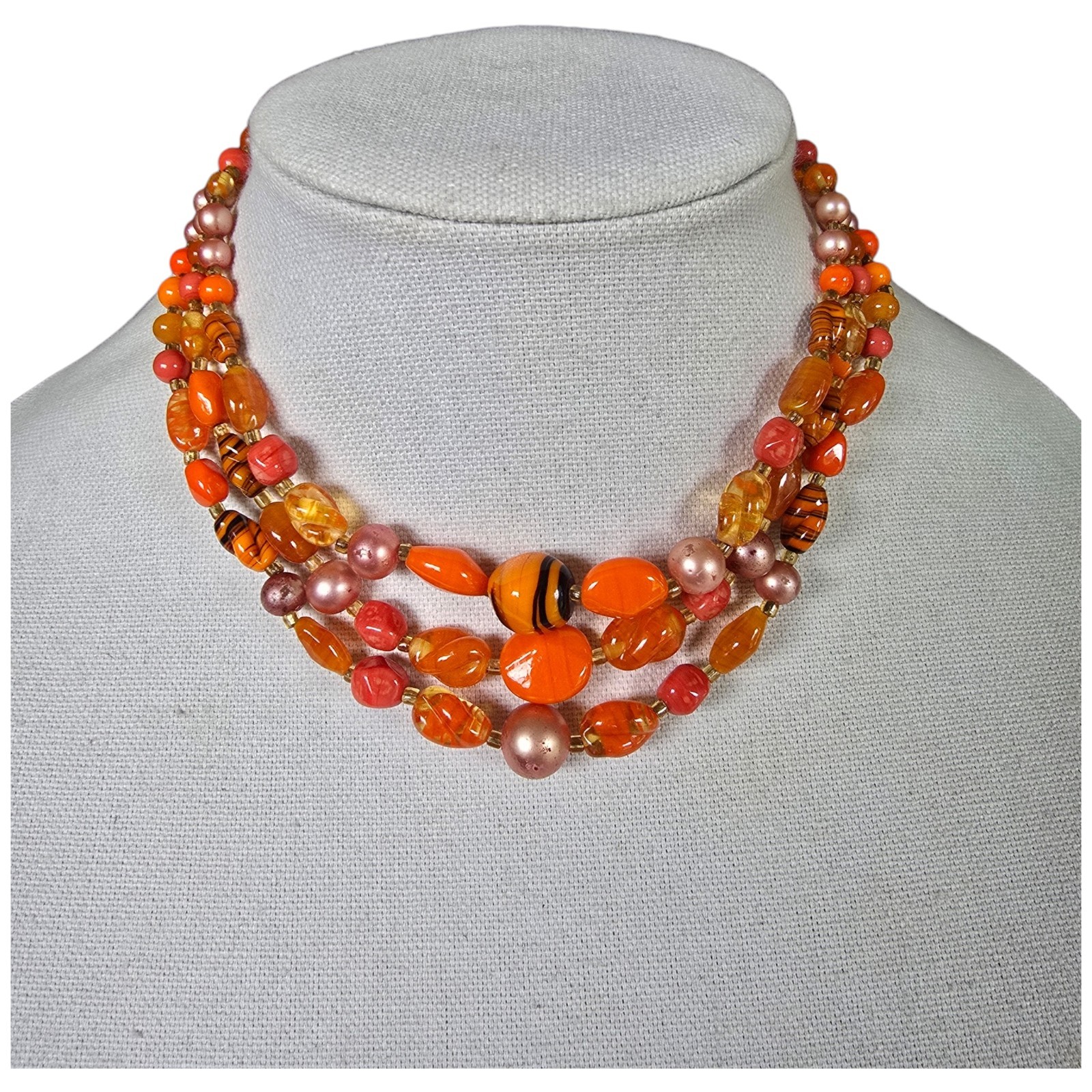 Vintage Japan 3 Multi-Strand Beaded Necklace Orange Pink Art Glass Beads