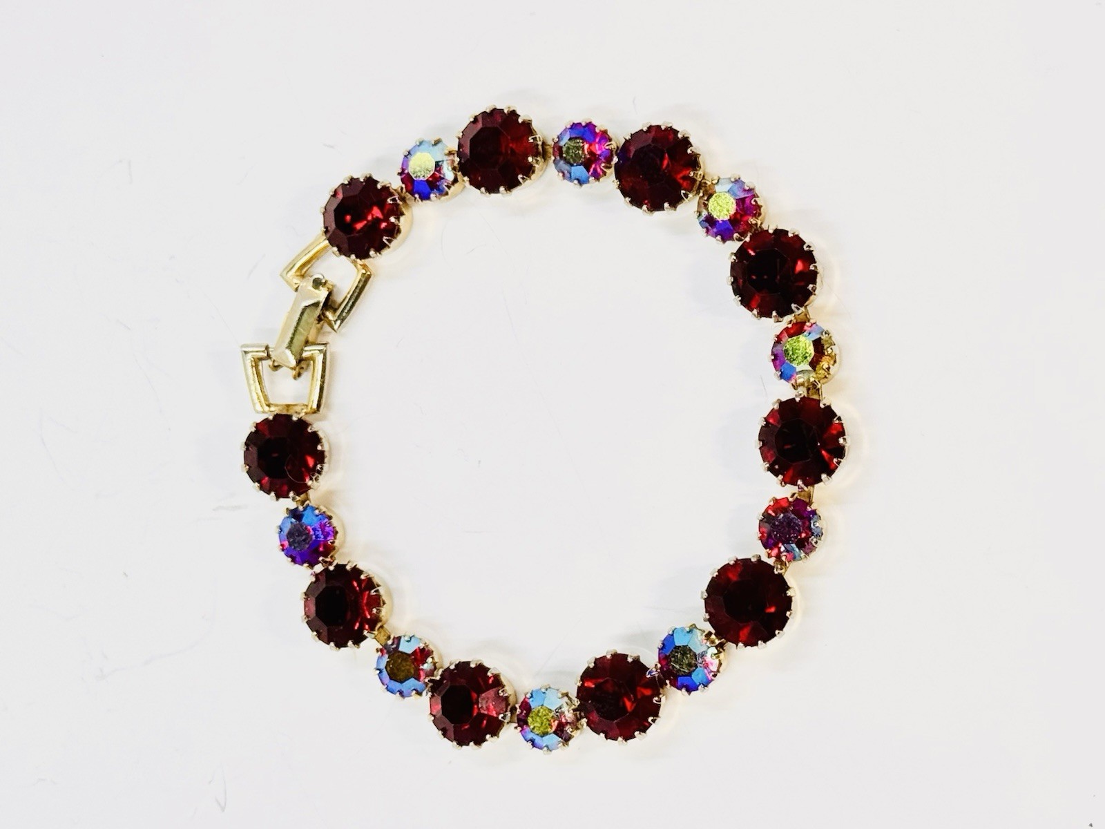 Weiss Signed Deep Red & Iridescent AB Rhinestone Gold Bracelet 7” Vintage