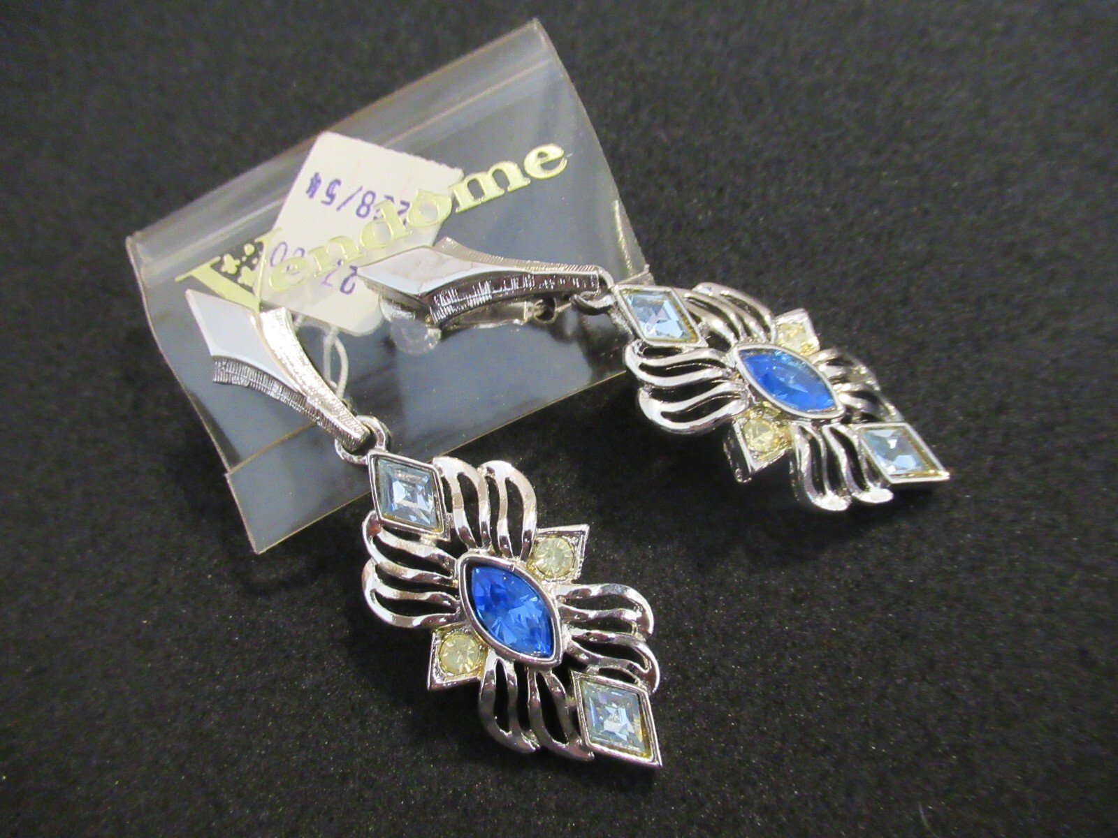Vendome Silver Tone Rhinestone Earrings Signed Heavy Adjustable Clip on NOS