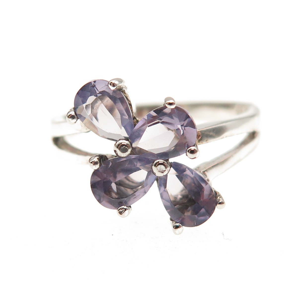 925 Sterling Silver Vintage Real Pear-Cut Iolite Cluster Ring Size 8.25