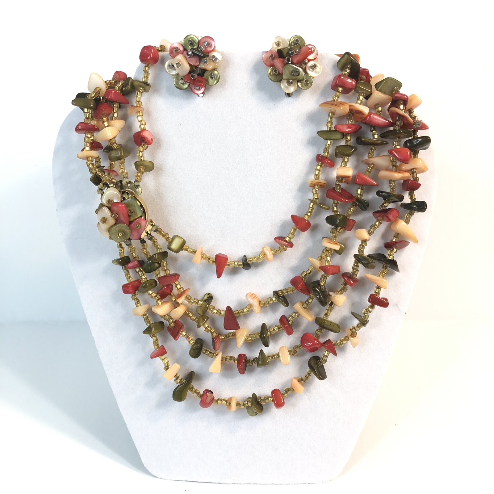 Vintage Japan 4 Strand Necklace and Earrings Dyed Abalone Shell Beads Clip Back