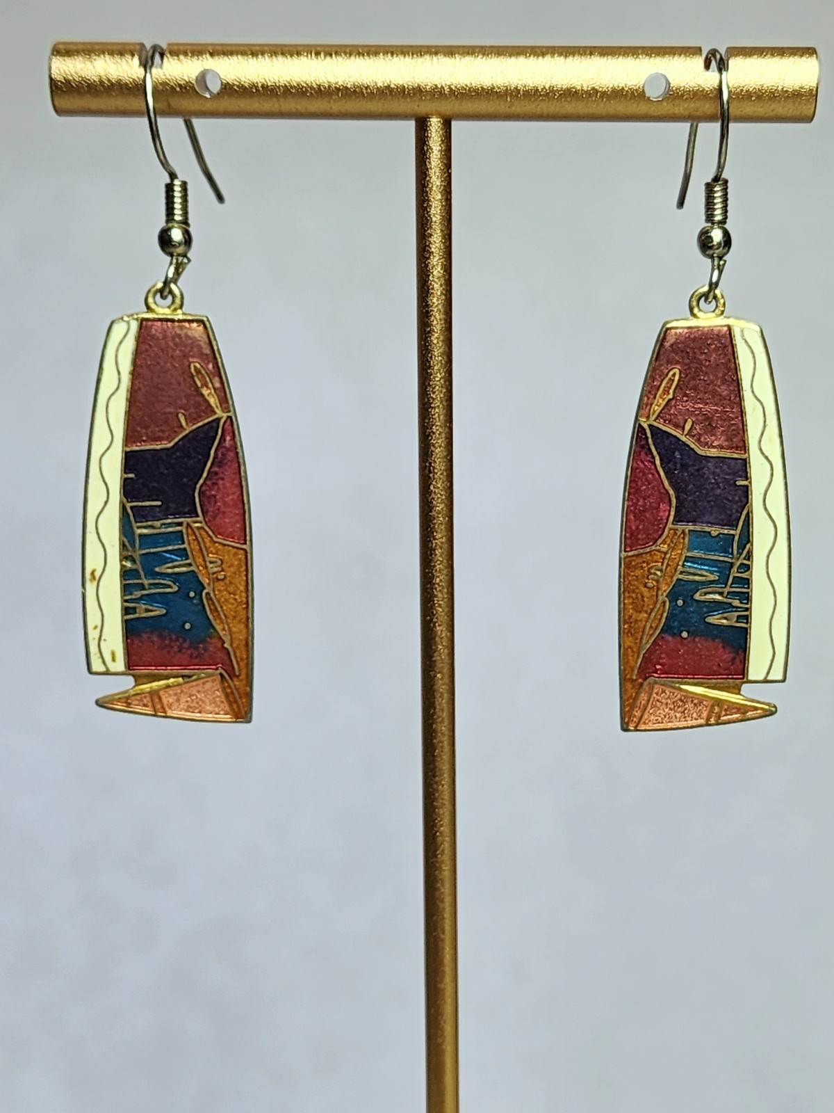 Cloisonne Enamel Abstract Red Blue Purple Orange Cream Dangle Earrings