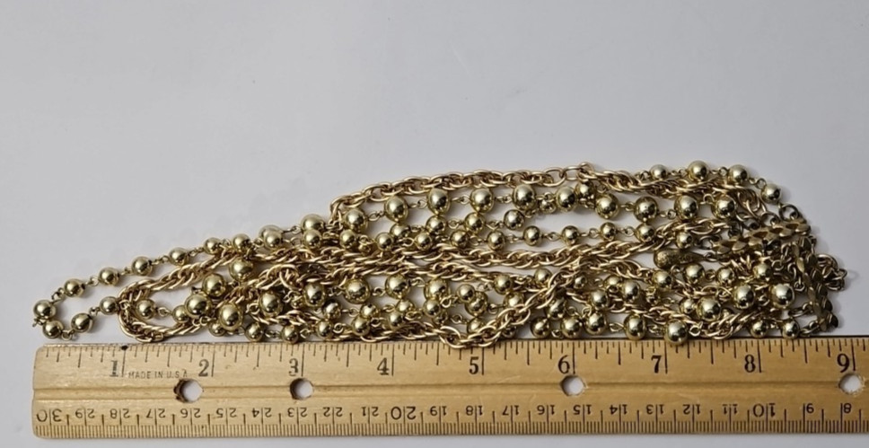 Vintage Cord Multi Strand Gold Tone Beaded and Chain Necklace