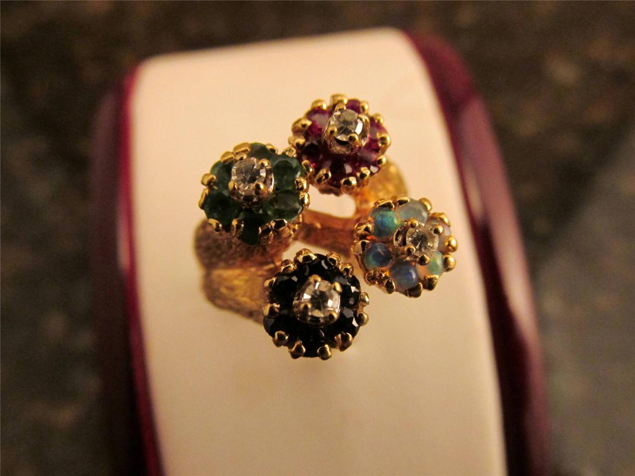 Vintage 14k Solid Gold Colorful Diamond Opal Emerald Sapphire Ruby Ring