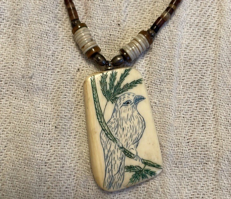 Bird On Fir Tree 1.5” Scrimshaw Necklace Vintage Heishi & Silver Tube beads 17”