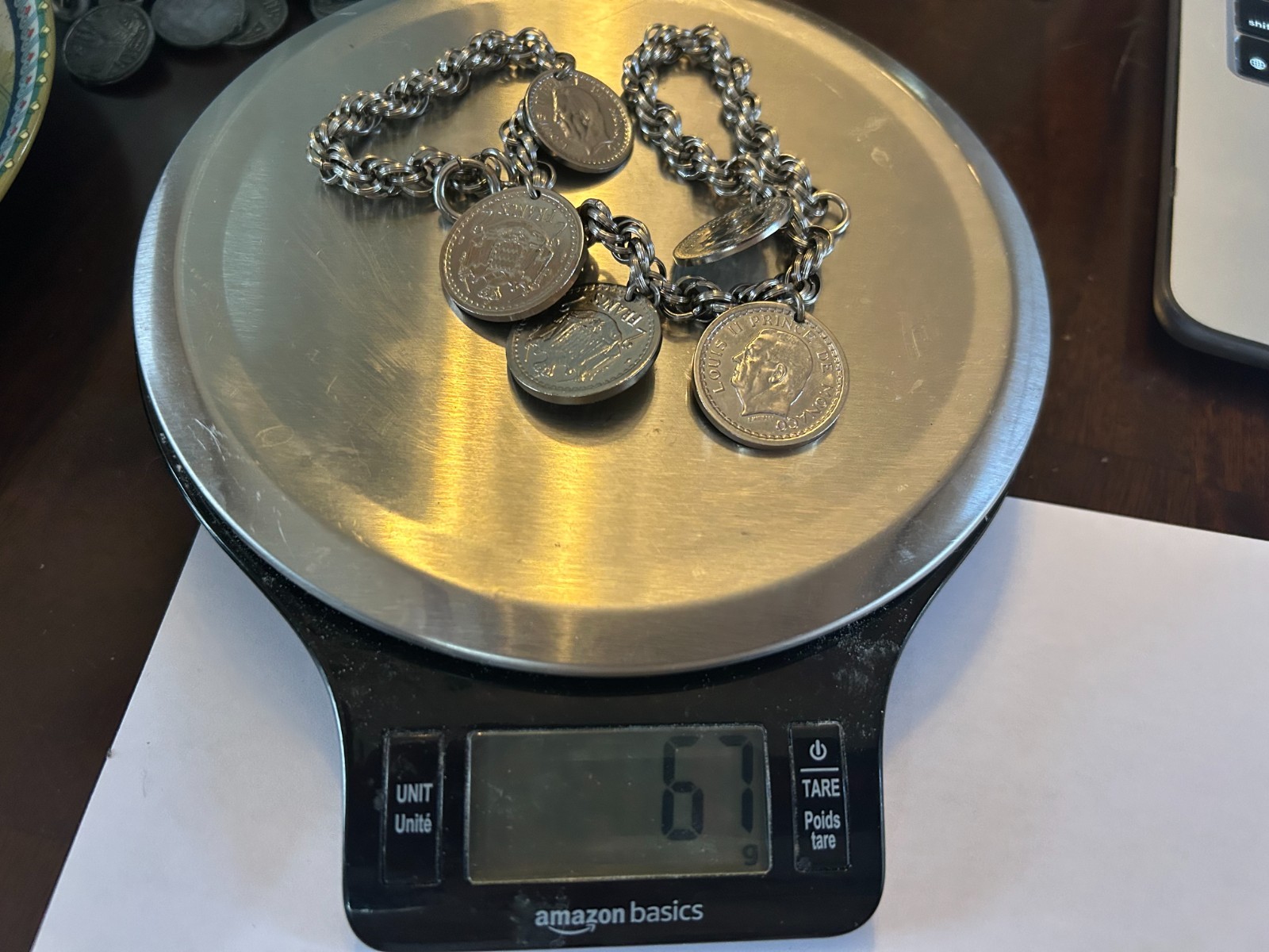 Vintage Monaco Louis II Franc Coin Charm Bracelet 67g 8″ French Riviera Jewelry