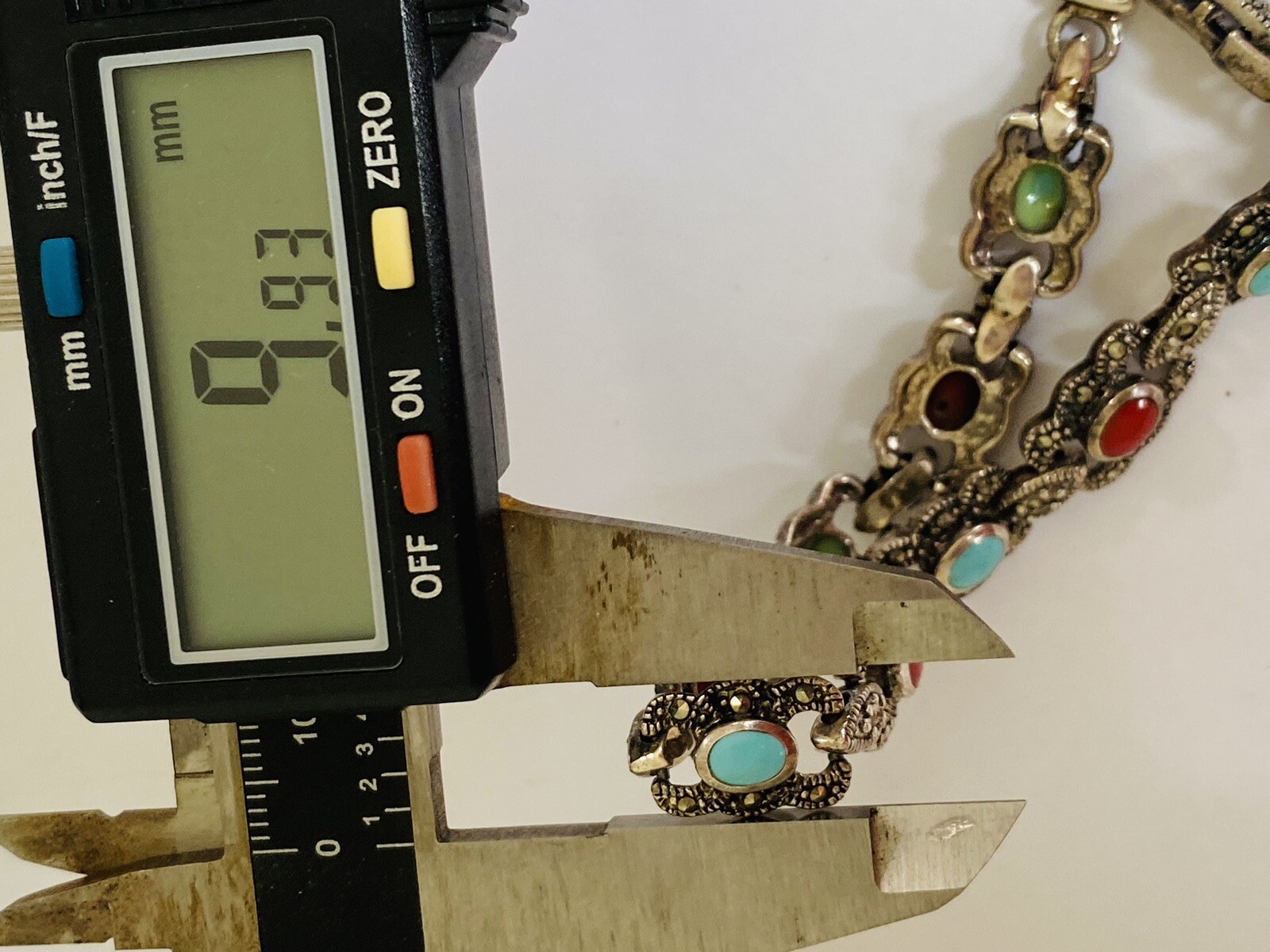 Vintage Sign Sterling Silver Multi Stone Turquoise Coral Marcasite Link Bracelet