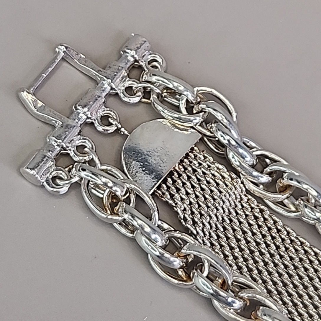 Vintage Mesh Chain Bracelet Silver Tone Layered 6.5″