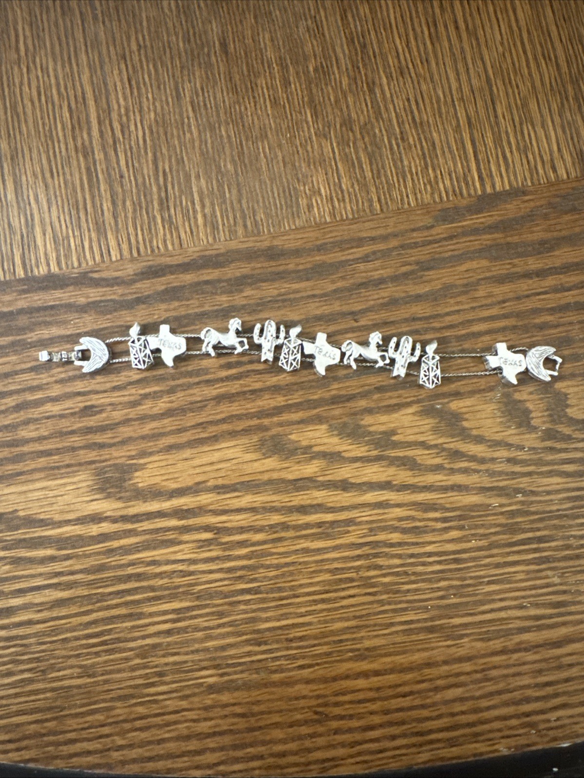 Vtg Charm TEXAS Western CACTUS OIL WELL HORSE SILVER Tone Slide Bracelet TOFA