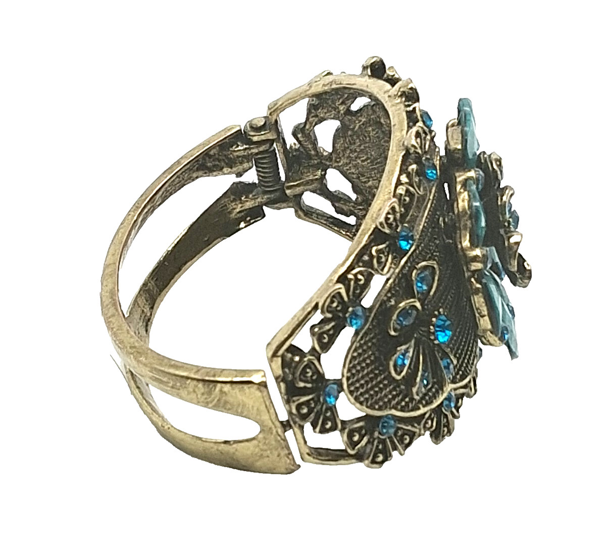 Victorian Style Filigree Cuff Bracelet Wide Blue Rhinestone Faux Turquoise