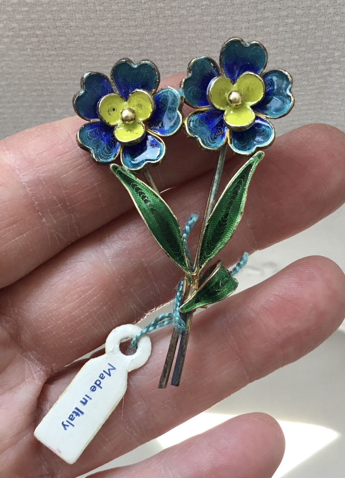 800 SILVER ITALIAN PLIQUE A JOUR ENAMEL FLOWERS PIN BLUE,LIME,GREEN-ORIGINAL TAG