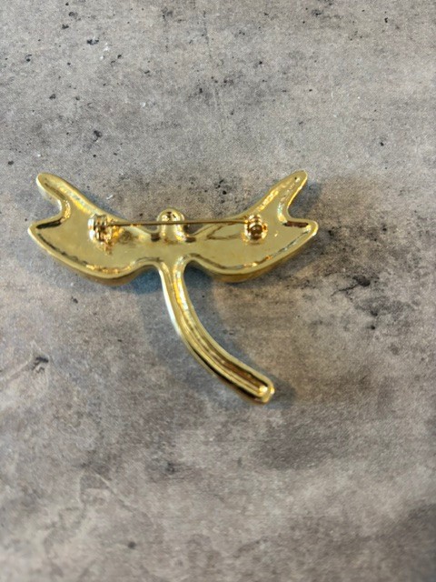 Vintage Dragonfly Brooch Pin with Gold Enamel and Multi Color Rhinestones