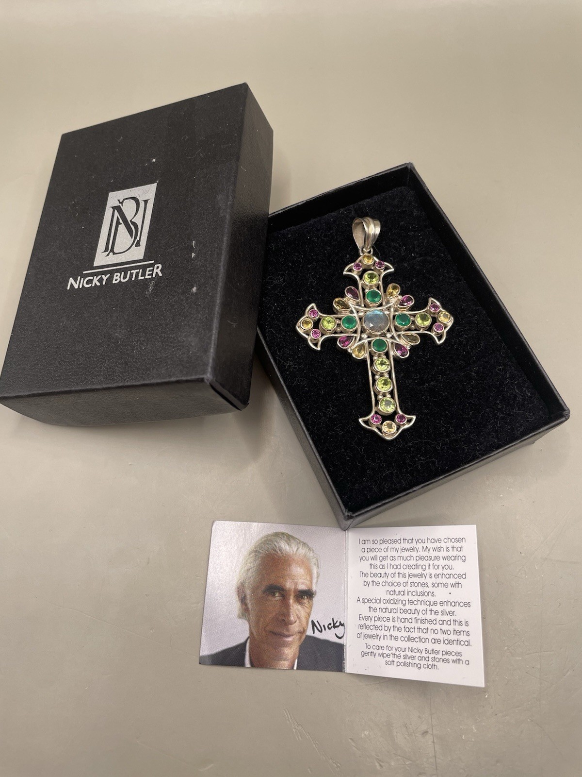 NICKY BUTLER MULTI GEMSTONE STERLING SILVER 925 CROSS CRUCIFIX 2.75” PENDANT NIB