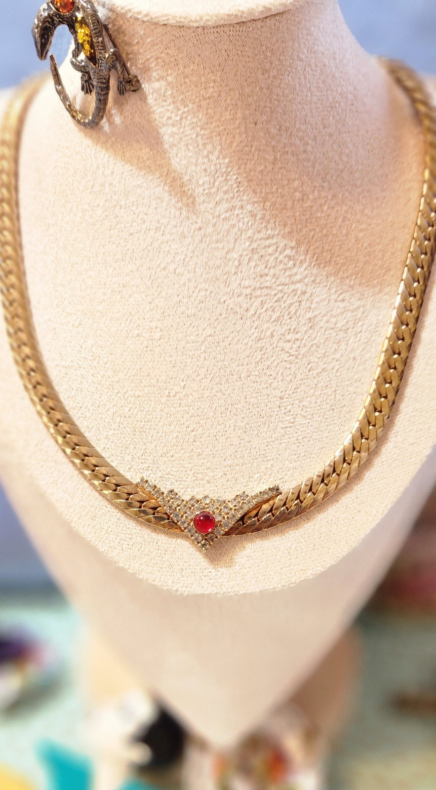 Flat Gold-toned Necklace V Shape Rhinestones Station Pendant & A Red Dot Glass