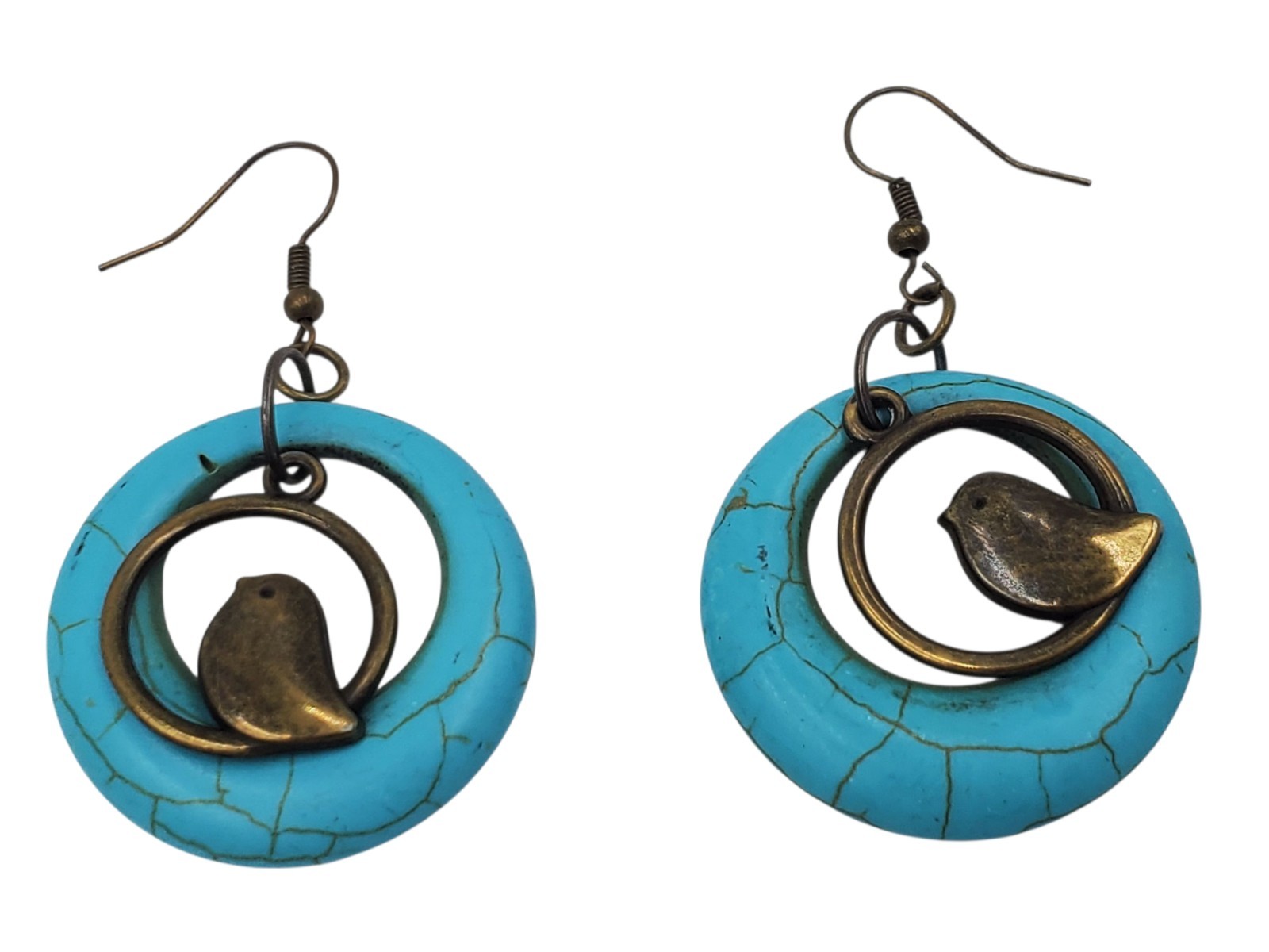 Vintage Brass and Blue Dyed Howlite Circles Dangle Bird Hook Pierced Earrings