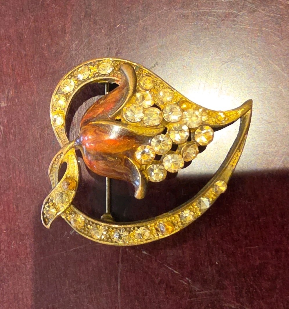 Vintage Gold Tone Tulip Grape Cluster Rhinestone Brooch Pin Enamel Crescent