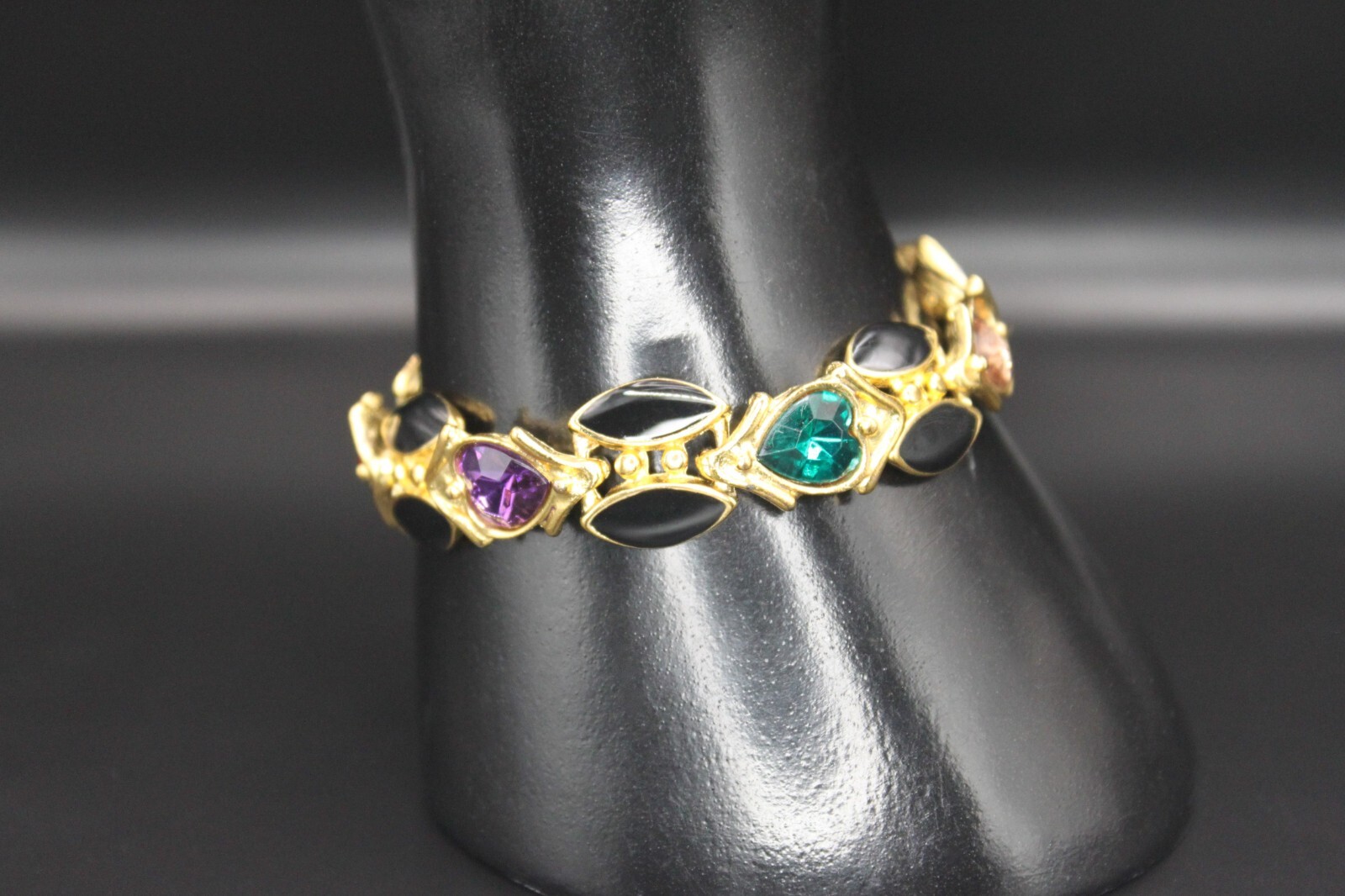 Vintage ORENA of PARIS France Rhinestones Enamel Heart Link Bracelet Gold Tone