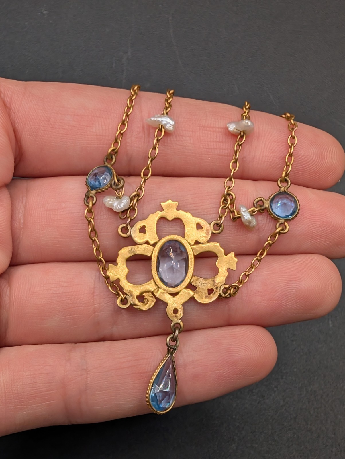 AMAZING Art Nouveau Era Festoon Blue Glass Pearl Antique Vintage Necklace 16″