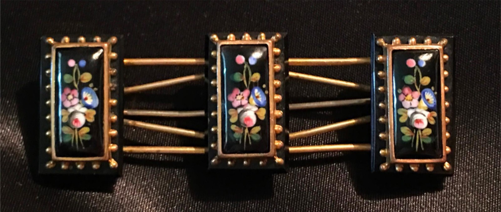 Victorian Hand Painted Onyx Rose Lily Gold Floral Large Brooch Pin