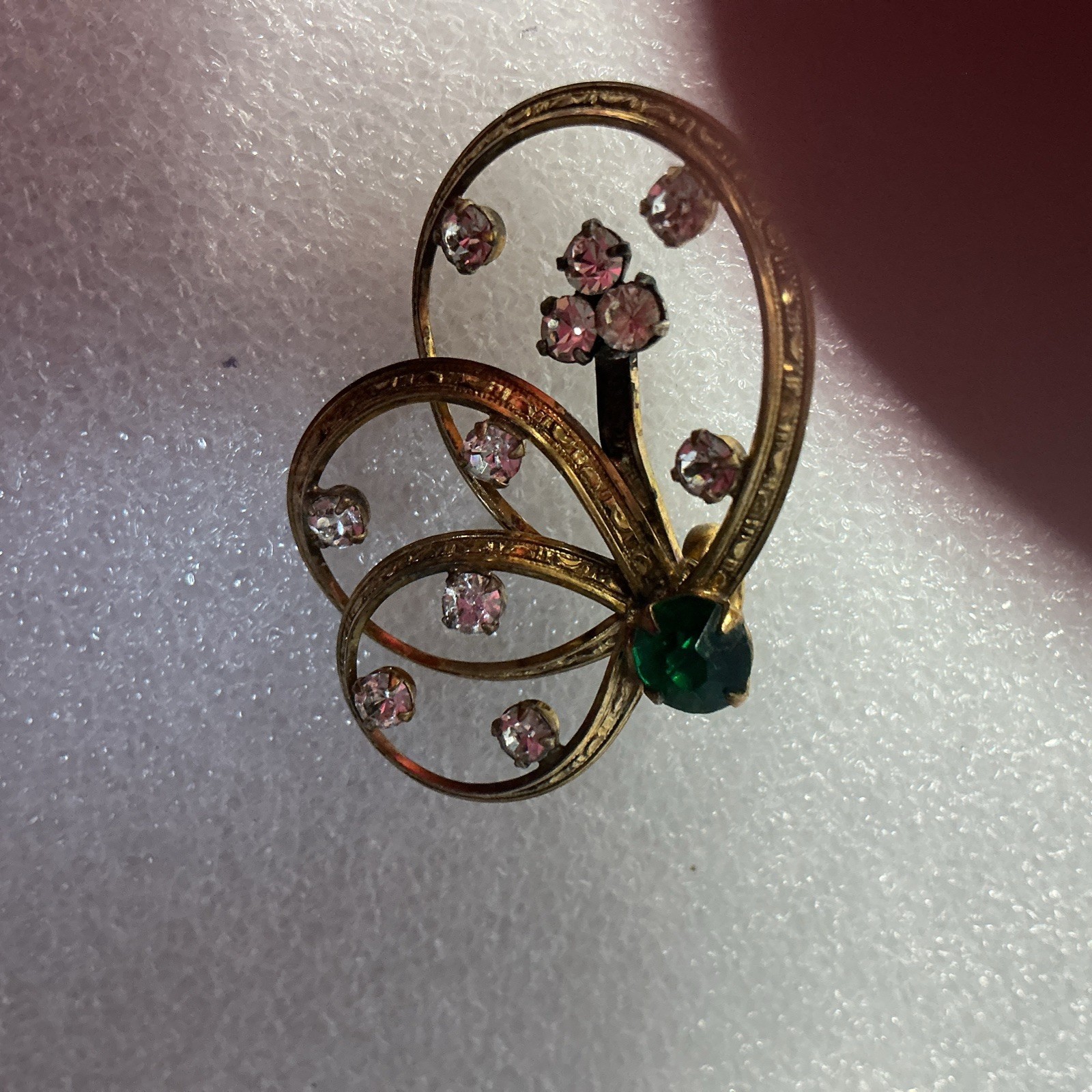 Vintage Estate Pendant Ribbon Style Open Work Green Stone Clear Rhinestones
