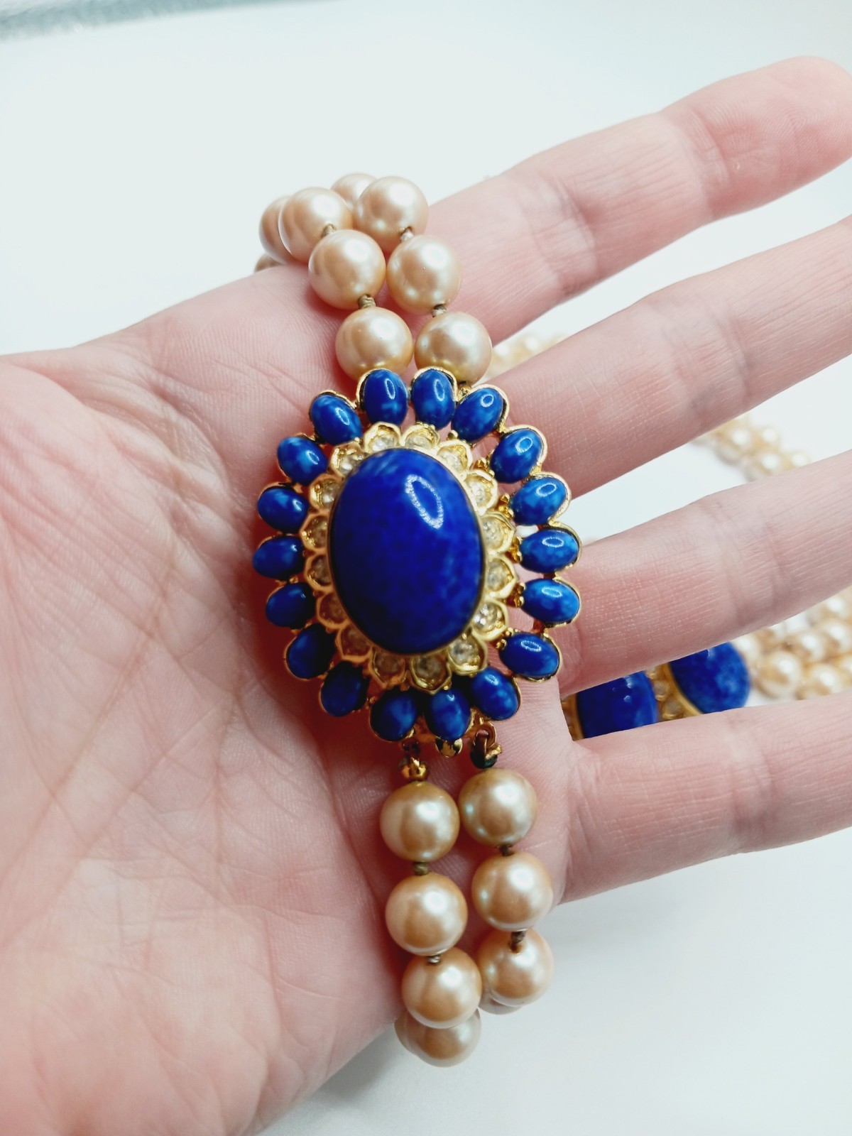 Vintage Set faux Lapis Lazuli mottled Glass Necklace pearl dome cabochon mogul