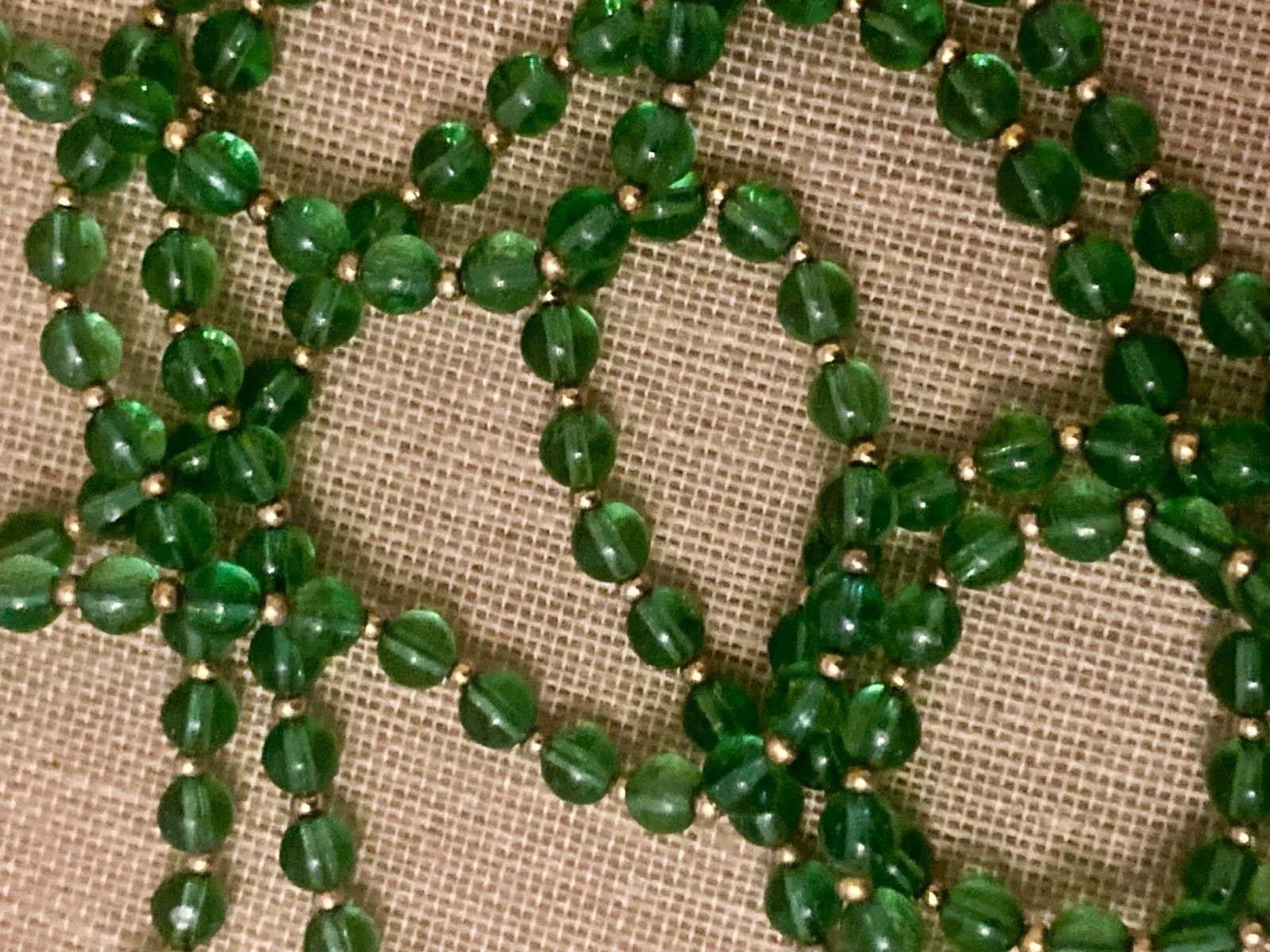 Vintage Glass Beaded Necklace Green Gold Tone 59″ Flapper