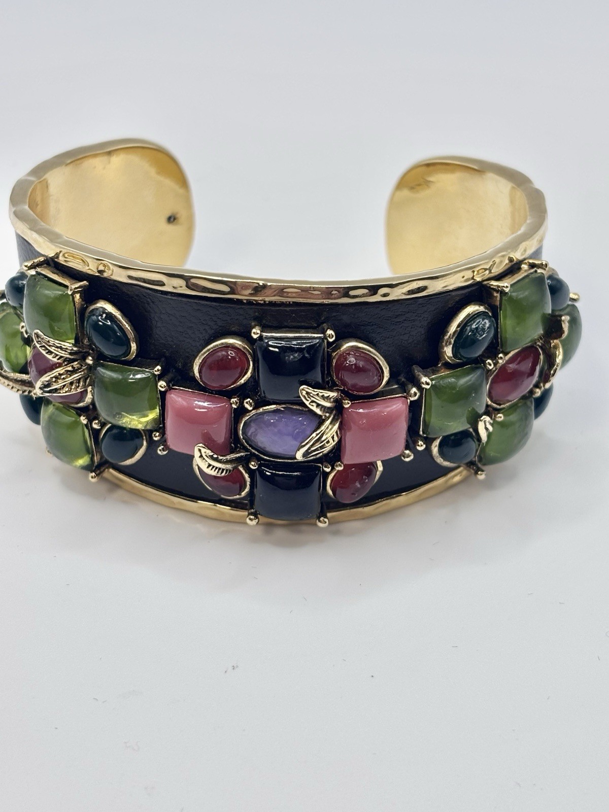 Vintage Chunky Gold Tone Multicolor Cabochon Crystal & Leather Byzantine Cuff