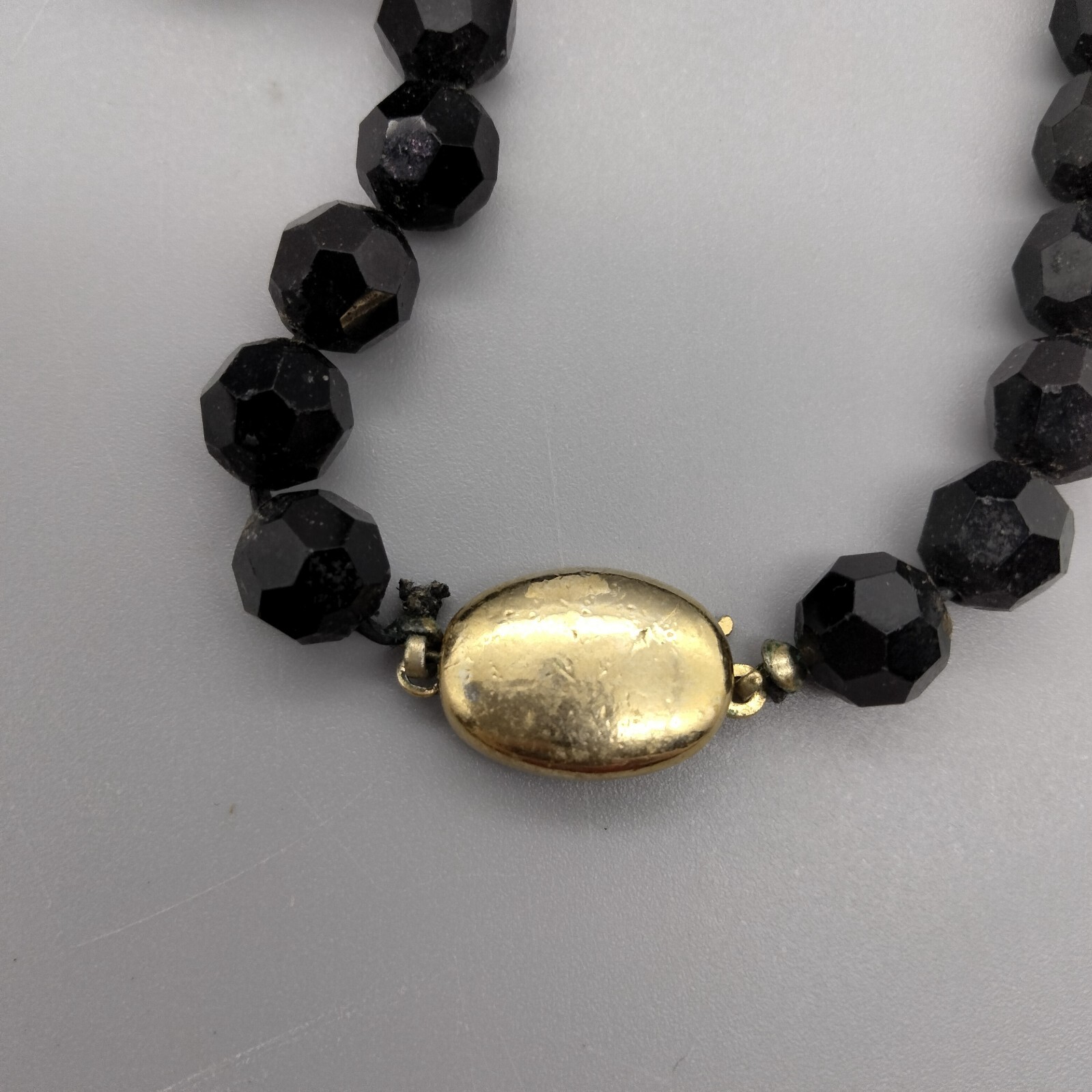 Gothic Goth Black Faceted Glass Mourning Beads 32″ Necklace Vintage Ornate Clasp