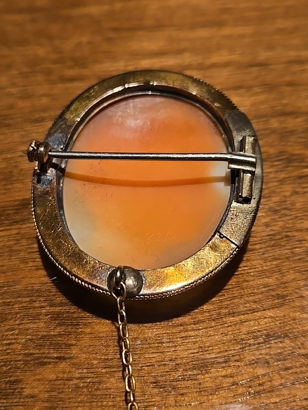 Antique Edwardian Cameo Brooch Gold-Filled Hand Carved Clasp Safety Chain