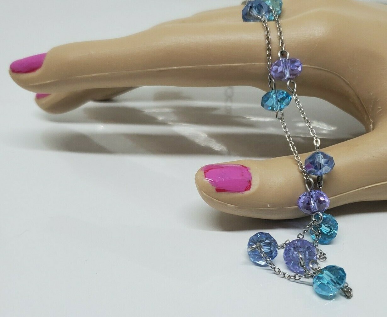 Vintage Beaded Purple Blue Necklace Rhinestone Silver Tone 18″ Adj