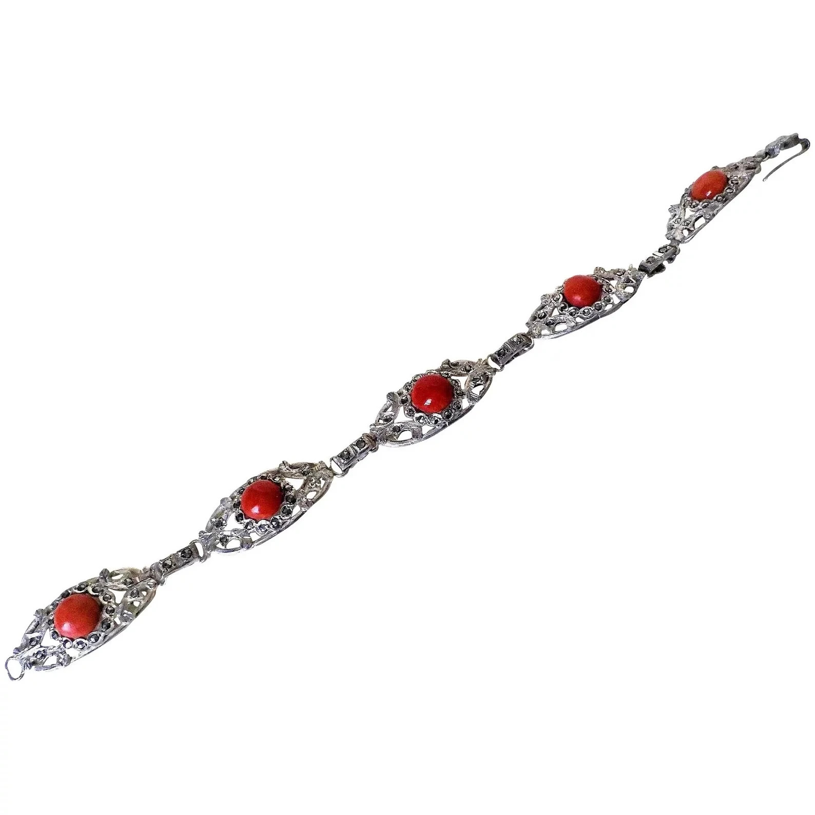 Vintage European Ox Blood Red Coral Marcasite 800 Silver Bracelet