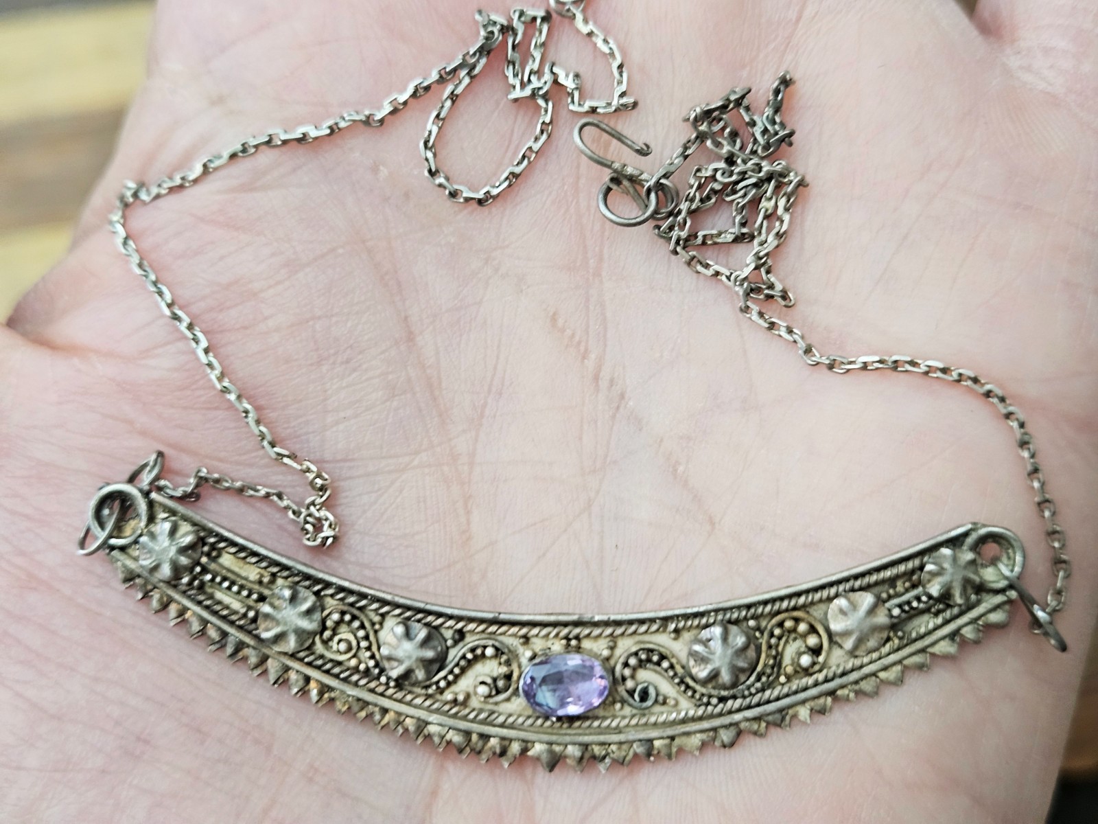 Vintage 925 Sterling Silver Amethyst Embellishments Crescent Necklace 16.5 in