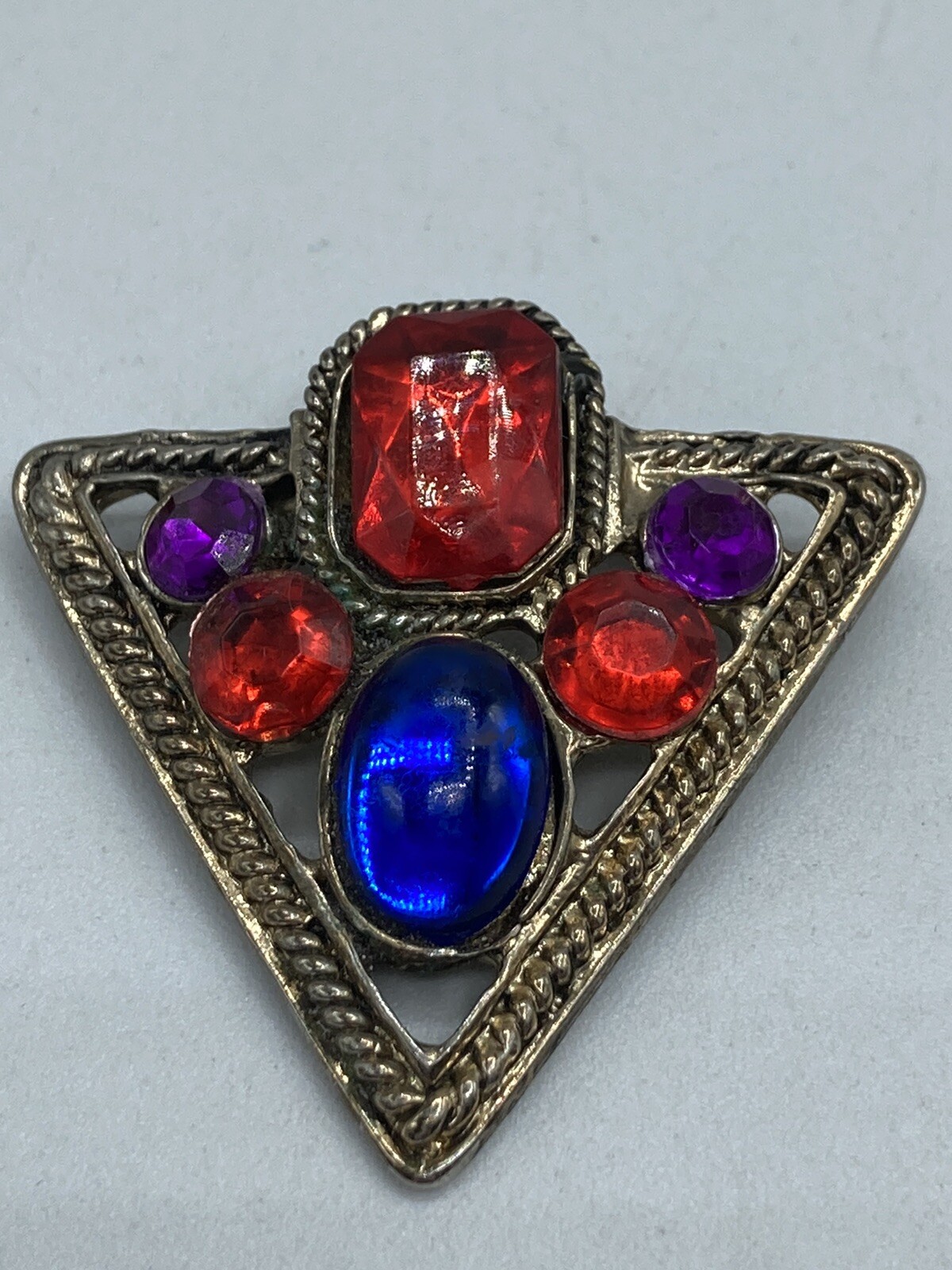 Vintage Colorful Cabochon Triangle Shaped Brooch Antiqued Gold Tone Finish Nice!