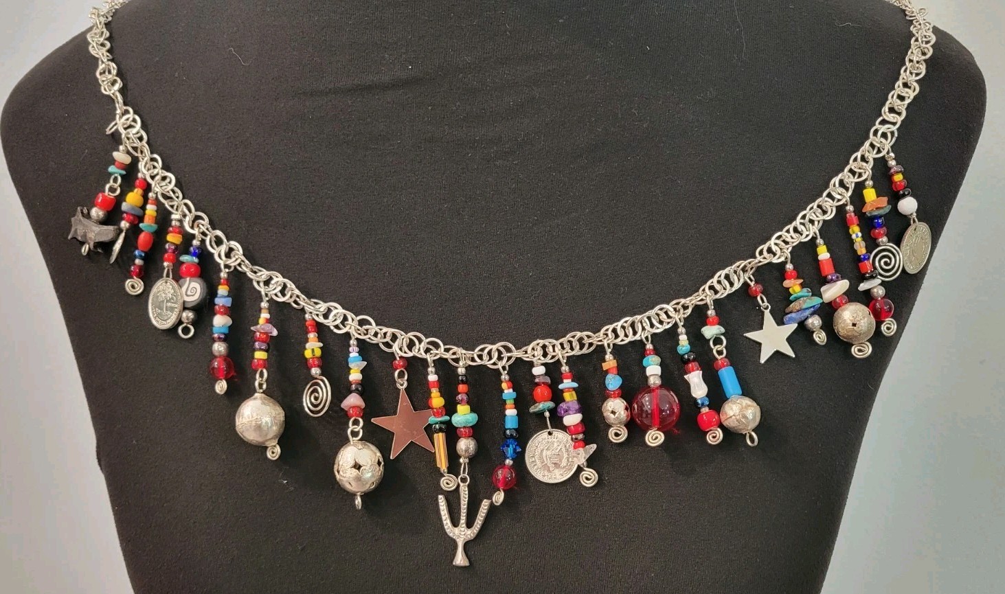 Vintage Multi-stone Tribal Guatemala Coin Charm Beaded Strand Silver Toned Boho