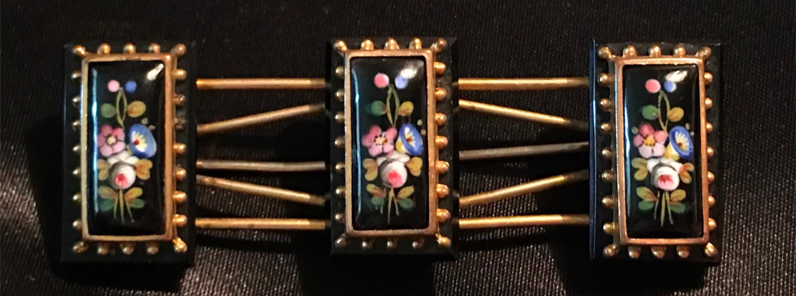 Victorian Hand Painted Onyx Rose Lily Gold Floral Large Brooch Pin