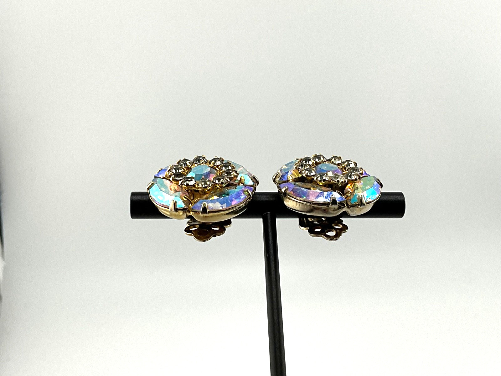 Vintage Aurora Borealis Crystal Earrings Mid Century Hollywood Regency Glam
