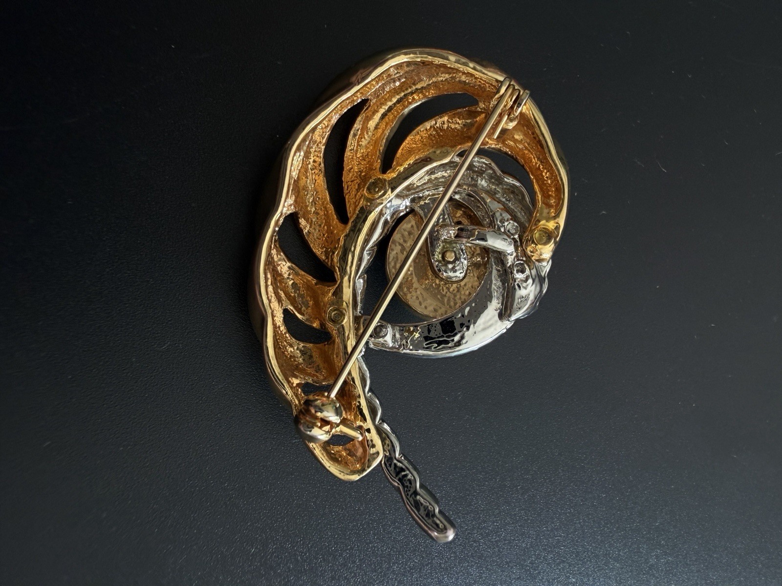 Peacock Faux Mabe Pearl Brooch Two Tone Gold Silver Swirl Ribbon Statement
