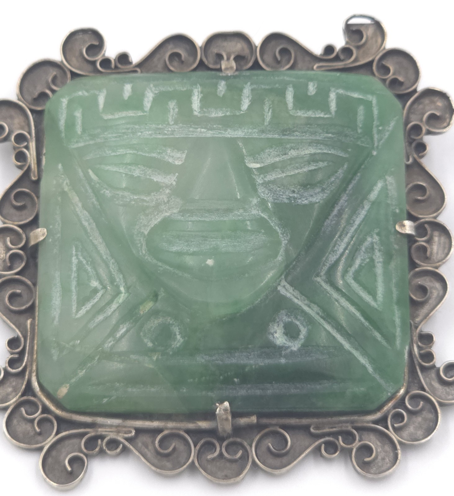 Vintage Taxco 980 Sterling Silver Carved Jadeite Aztec Warrior Brooch