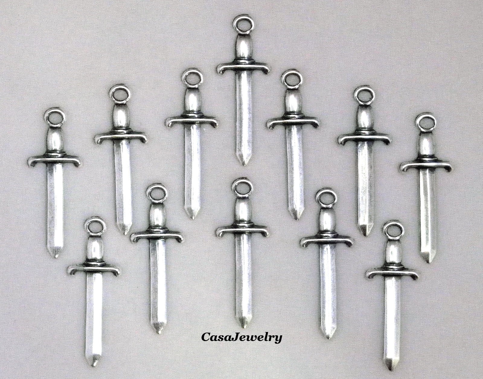 #0466 SMALL ANTIQUED STERLING SILVER PLATED SWORD W/TOP HANG RING – 12 Pcs