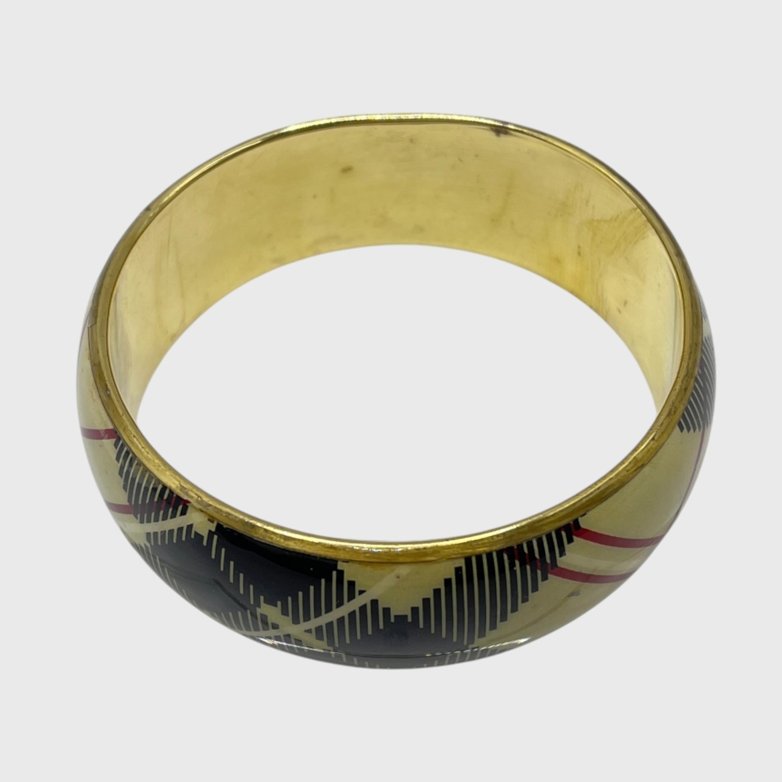 VTG Brass Bracelet Bangle Plaid Resin Metal Gold Tone Wide Chunky Prep Jewelry