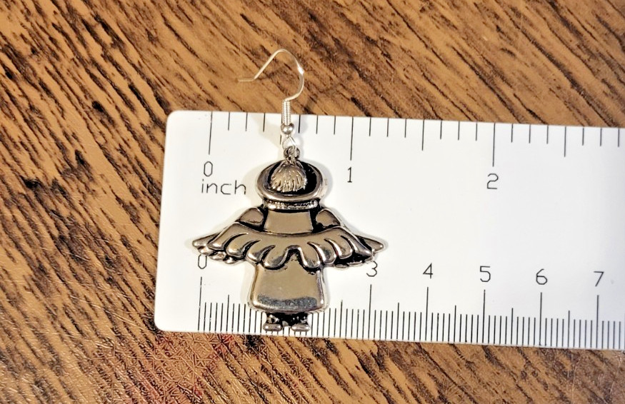 Vintage Sterling Silver 925 Angel Dangle Earrings Textured Wings Folk Art