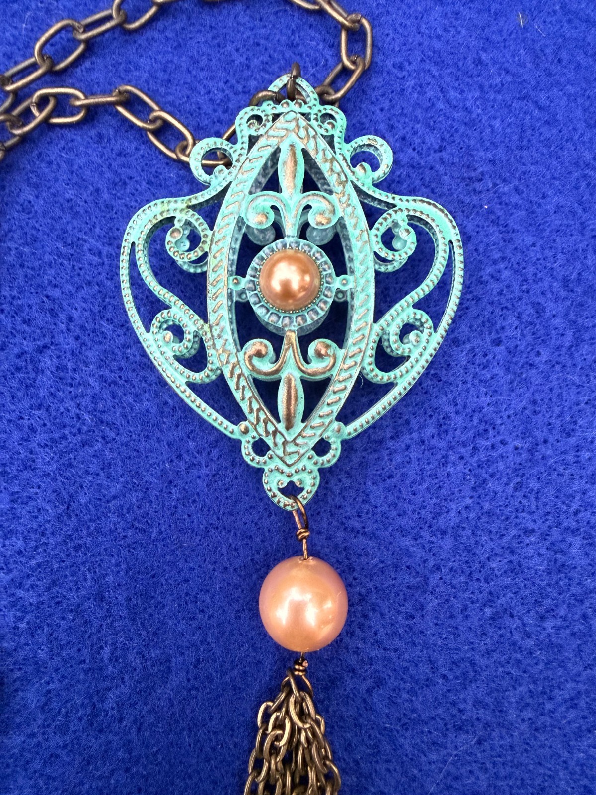Vintage Patina Metal Filigree Medallion Tassel Necklace Art Nouveau 28″