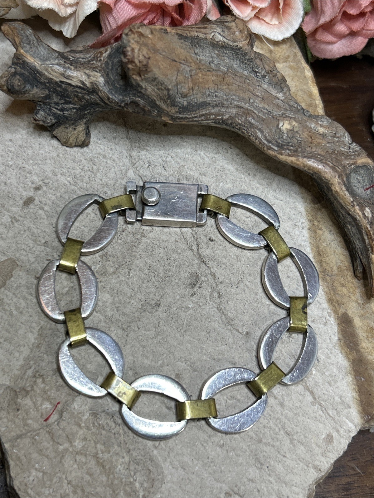 56. Taxco Sterling 925 Brass Accent Oval O Ring link Bracelet 34.3g, 7 1/2″ Mex
