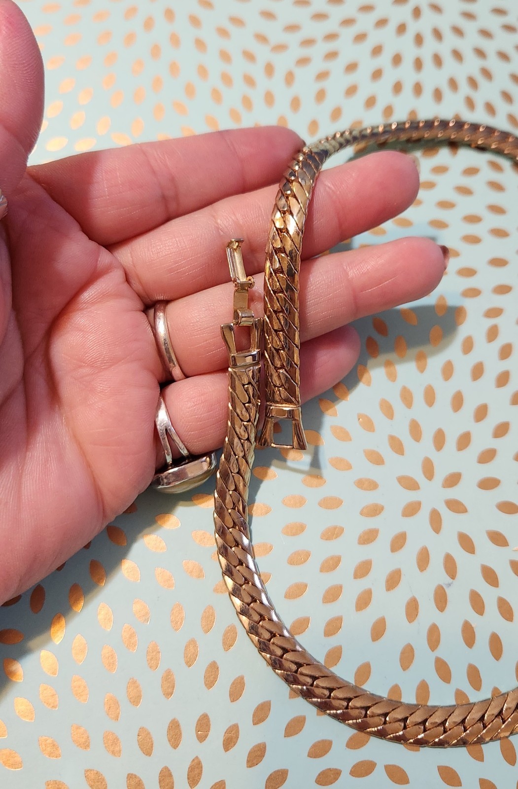 Flat Gold-toned Necklace V Shape Rhinestones Station Pendant & A Red Dot Glass