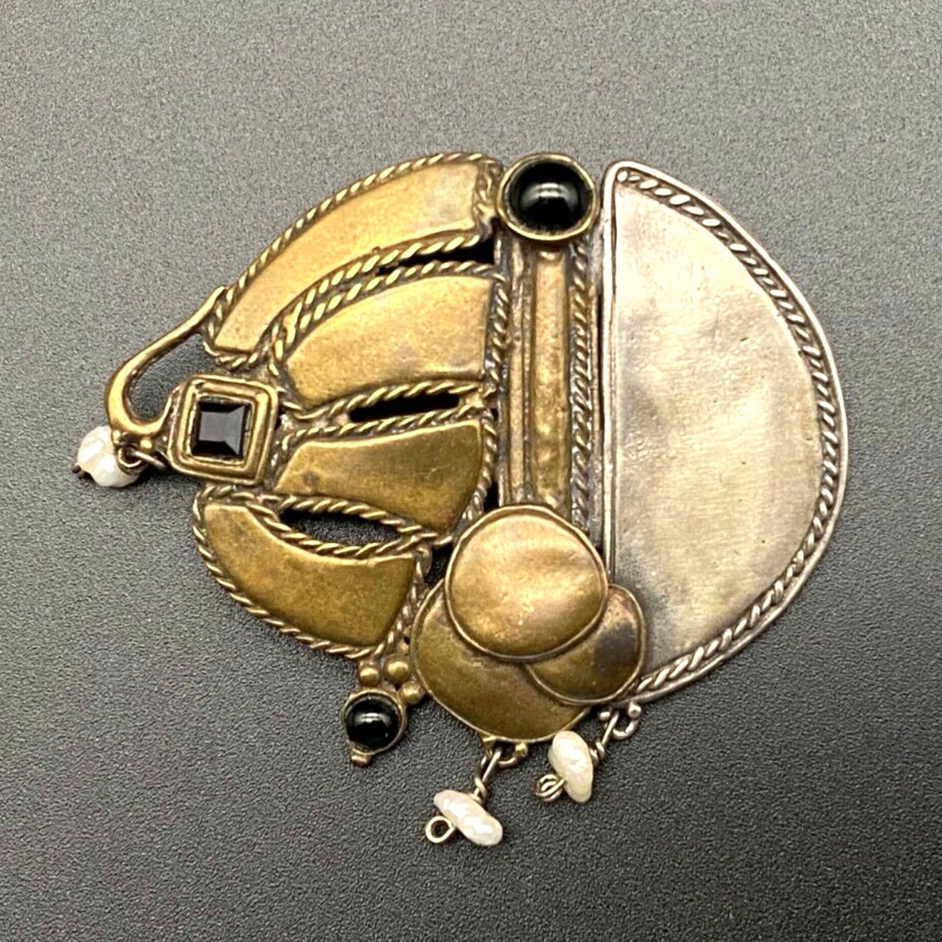 Vintage Modernist Abstract Pearl Mixed Metal Sterling Silver Brass Pin Brooch