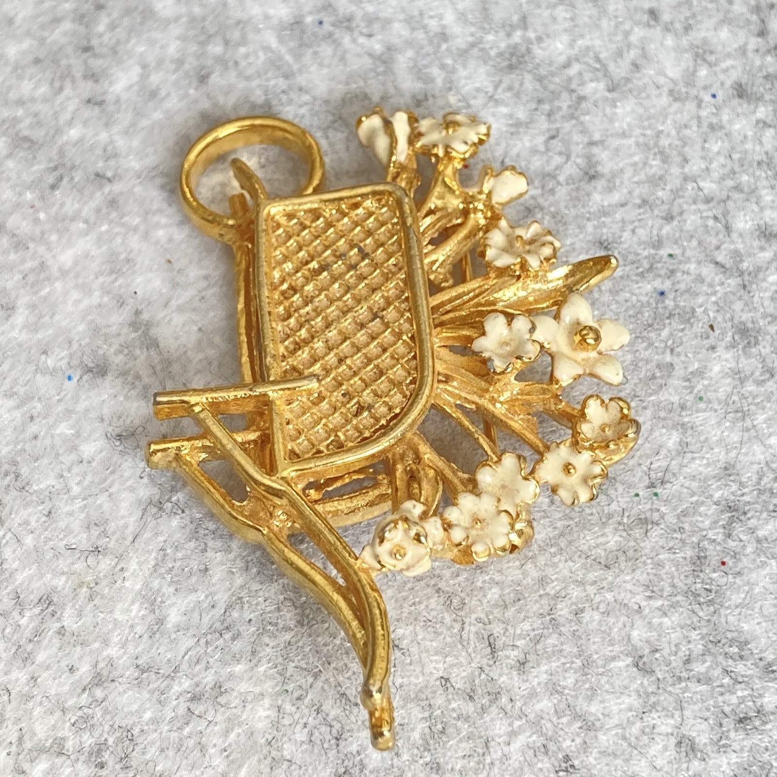 VTG Flower Basket & Wheelbarrow Brooch Lot of 2 Faux Pearls Enamel 1928 Brand