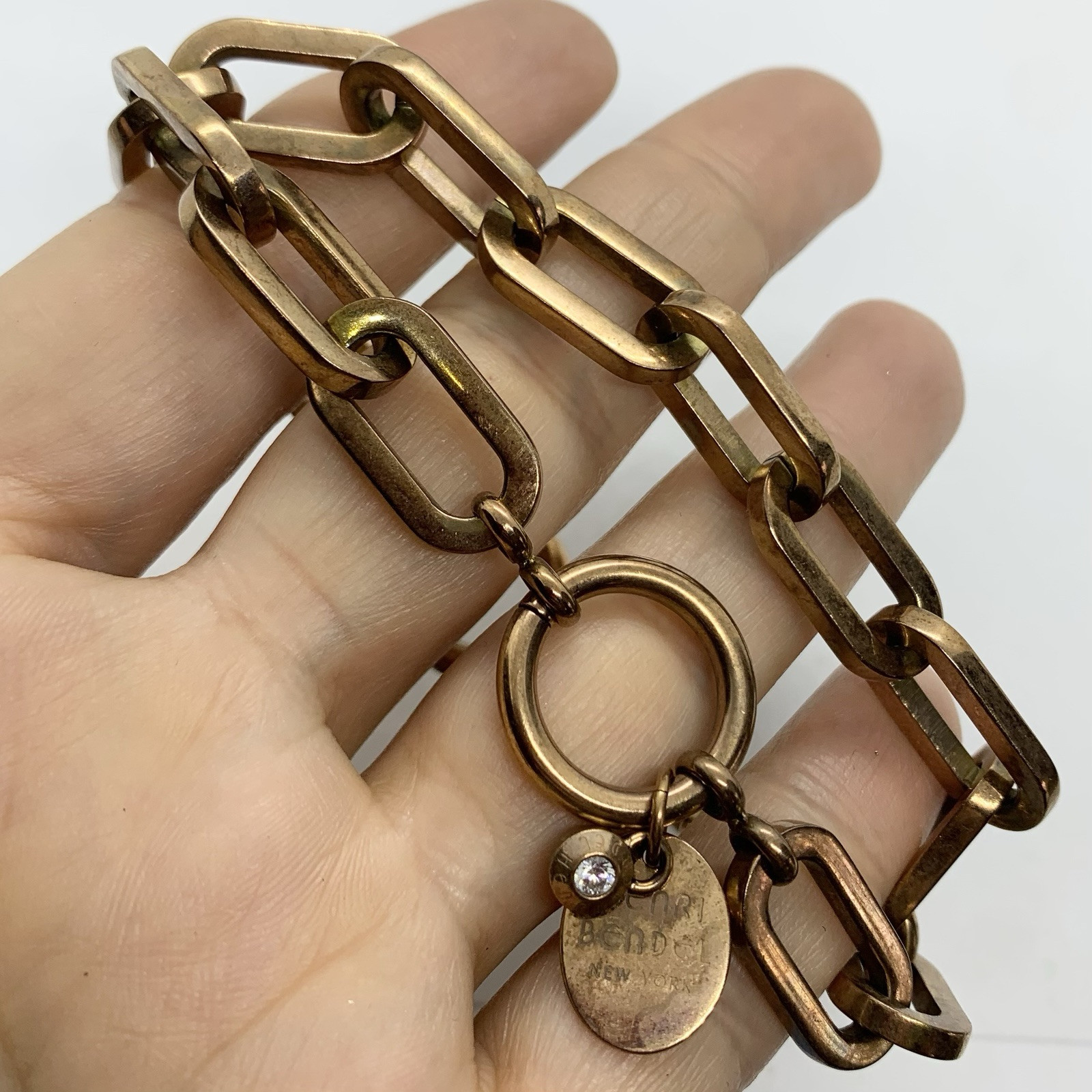 VTG HENRI BENDEL DESIGNER COPPERTONE BIG CHAIN LINK CHARM BRACELET 7.25” SIGNED