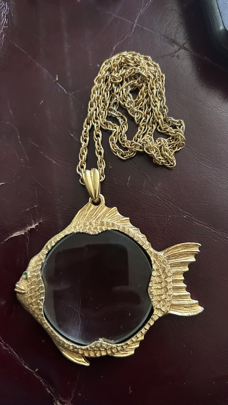 Vintage Signed FLORENZA Fish Jelly Belly Magnifying Glass Pendant Necklace 70s