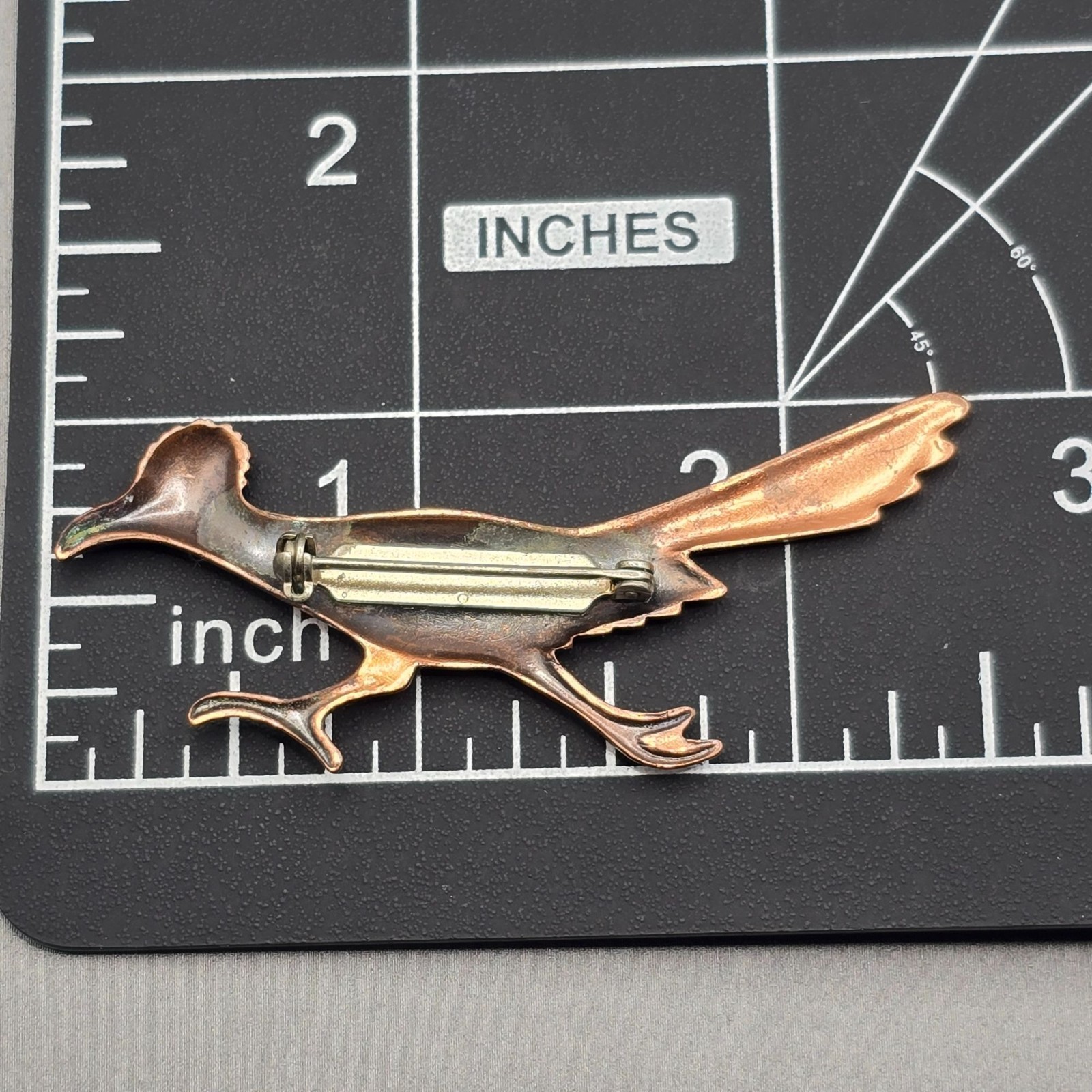 VTG Southwestern Copper Roadrunner Bird Brooch Pin 2.5″ Etched Pressed Metal 50s